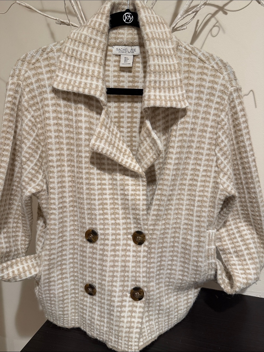 Rachel Zoe Cream Plaid Double-Breasted Sweater Jacket size S/M